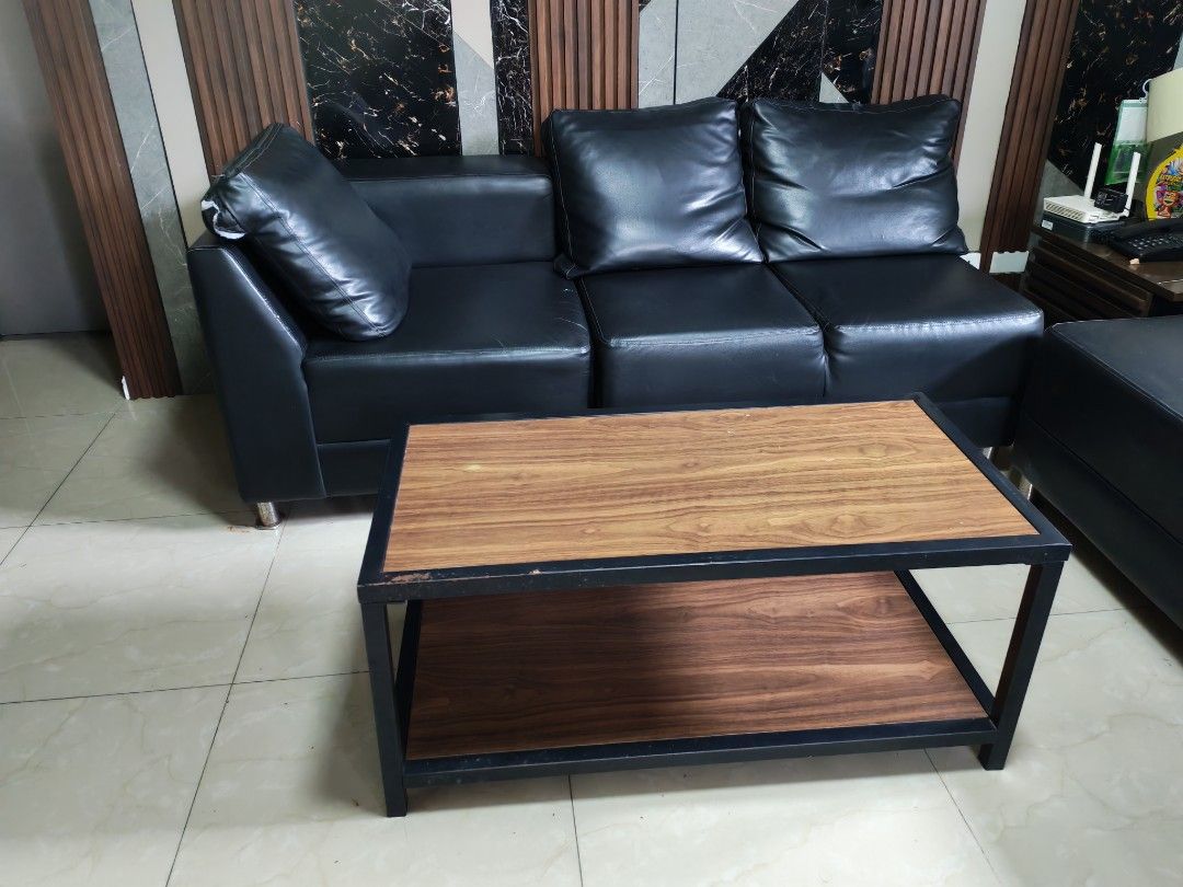 Black Faux Leather Sofa Set (Category: Sofas) located in Cavite. Submitted by murjani.mhoney (Listing ID 1462462753, Image 3). Description: - Black faux leather 3pc sofa set - Matching black faux leather chaise lounge -TABLE NOT INCLUDED - One cushion has a small tear on the side - Still functional and comfortable.