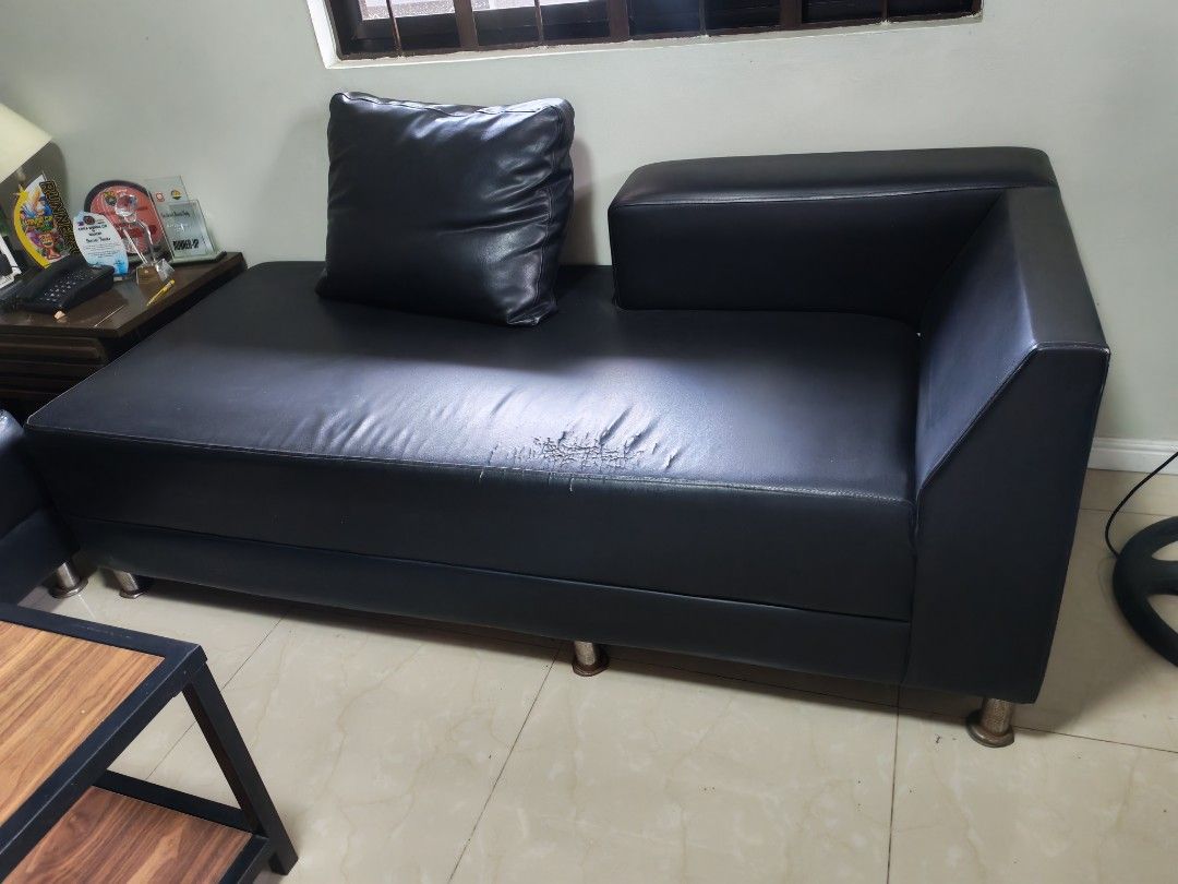 Black Faux Leather Sofa Set (Category: Sofas) located in Cavite. Submitted by murjani.mhoney (Listing ID 1462462753, Image 2). Description: - Black faux leather 3pc sofa set - Matching black faux leather chaise lounge -TABLE NOT INCLUDED - One cushion has a small tear on the side - Still functional and comfortable.