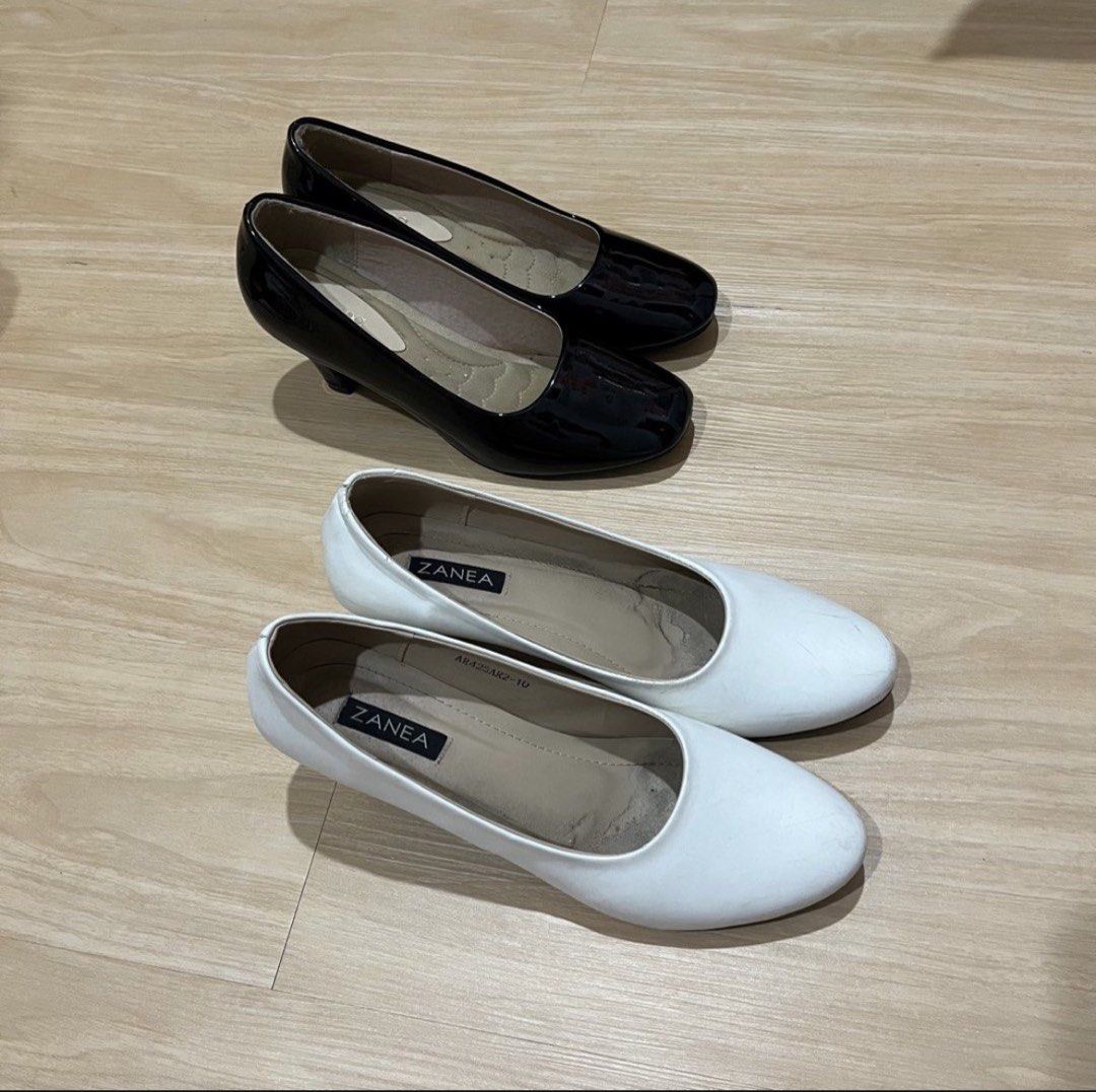 black heels and white heels (bundle) (Category: Heels) located in Quezon City. Submitted by reesedeclutters (Listing ID 1462634046, Image 1). Description: • price: 300 pesos • meroma black heels - size 40; best fits size 9 - 8/10 condition • zanea white heels - labeled size 10 but best fits size 9 - 7/10 condition - with flaws (see pics) - comes with original box • both worn once or twice • im a size 10, and these fit exactly just right, so they’