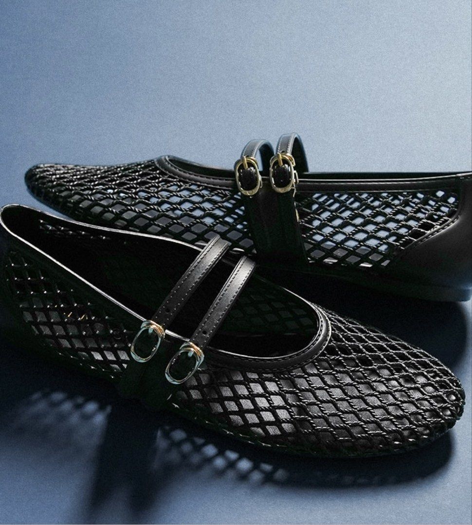 Black Mesh Ballet Flats with Buckle Straps (Category: Flats & Sandals) located in Caloocan City. Submitted by chicgayle202782 (Listing ID 1462591495, Image 1). Description: - Black mesh ballet flats - Features double buckle straps across the top - Pointed toe design - Chic and casual style - Easy to slip on and off - Versatile for various outfits.