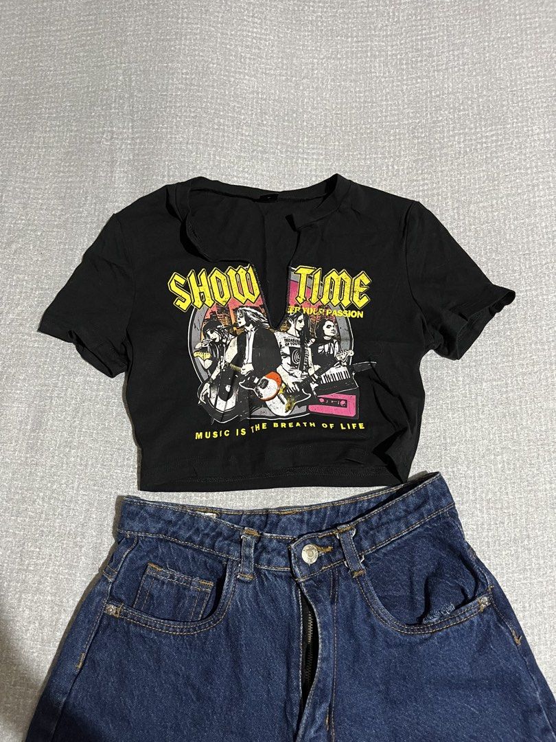 Black 'Show Time' Graphic Crop Top (Category: Sets or Coordinates) located in Manila. Submitted by az0r_ (Listing ID 1462507077, Image 3). Description: - Black 'Show Time' crop top with 'Music is the breath of life' graphic print. - Dark wash denim shorts. - Both items are size XS. - Ideal for a casual, edgy style. - Perfect for concerts or everyday wear..