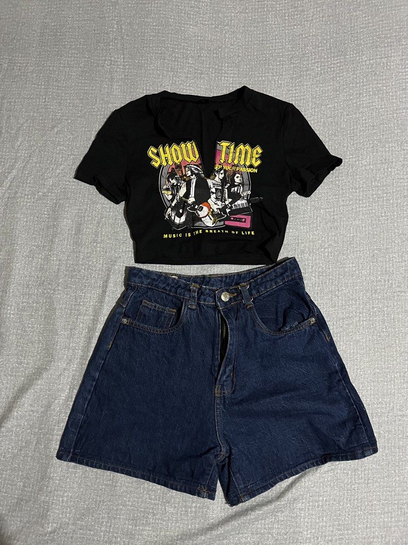 Black 'Show Time' Graphic Crop Top (Category: Sets or Coordinates) located in Manila. Submitted by az0r_ (Listing ID 1462507077, Image 1). Description: - Black 'Show Time' crop top with 'Music is the breath of life' graphic print. - Dark wash denim shorts. - Both items are size XS. - Ideal for a casual, edgy style. - Perfect for concerts or everyday wear..