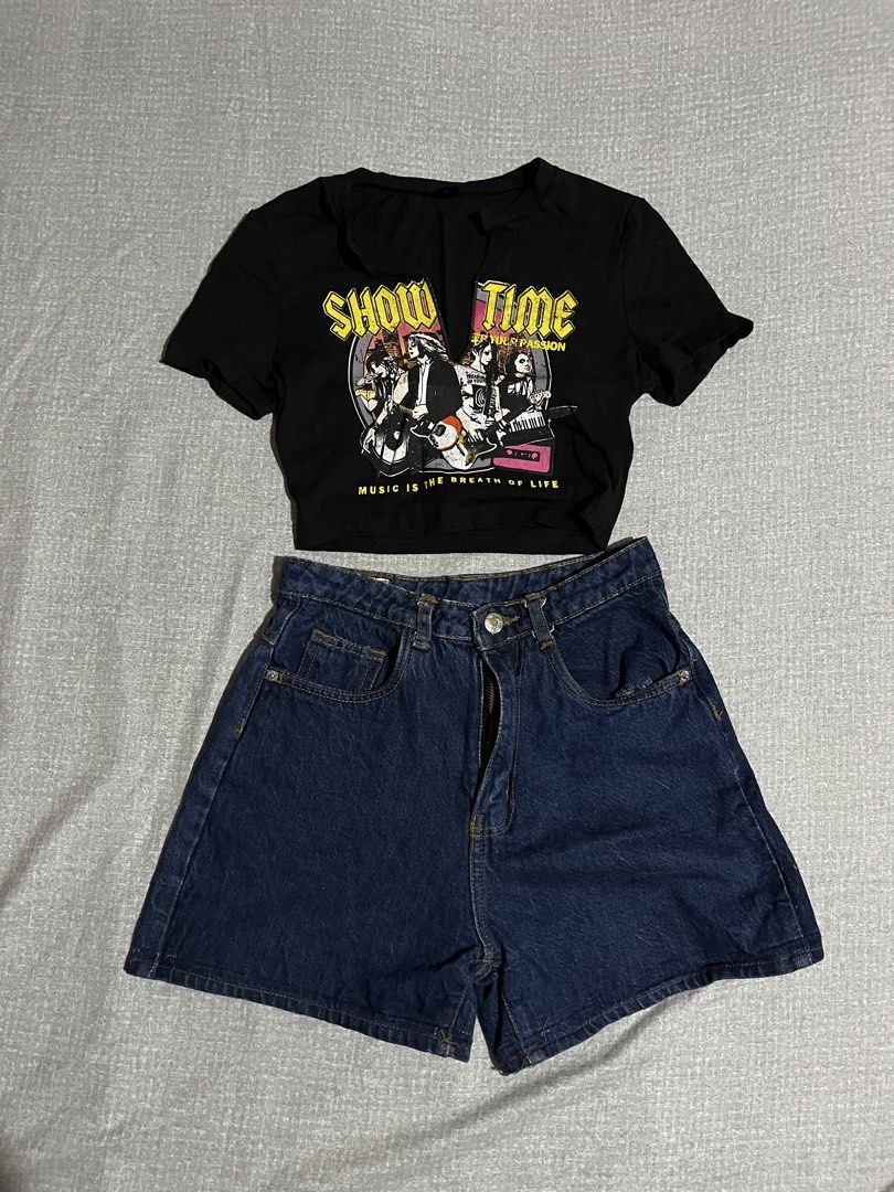 Black 'Show Time' Graphic Crop Top (Category: Sets or Coordinates) located in Manila. Submitted by az0r_ (Listing ID 1462507077, Image 2). Description: - Black 'Show Time' crop top with 'Music is the breath of life' graphic print. - Dark wash denim shorts. - Both items are size XS. - Ideal for a casual, edgy style. - Perfect for concerts or everyday wear..