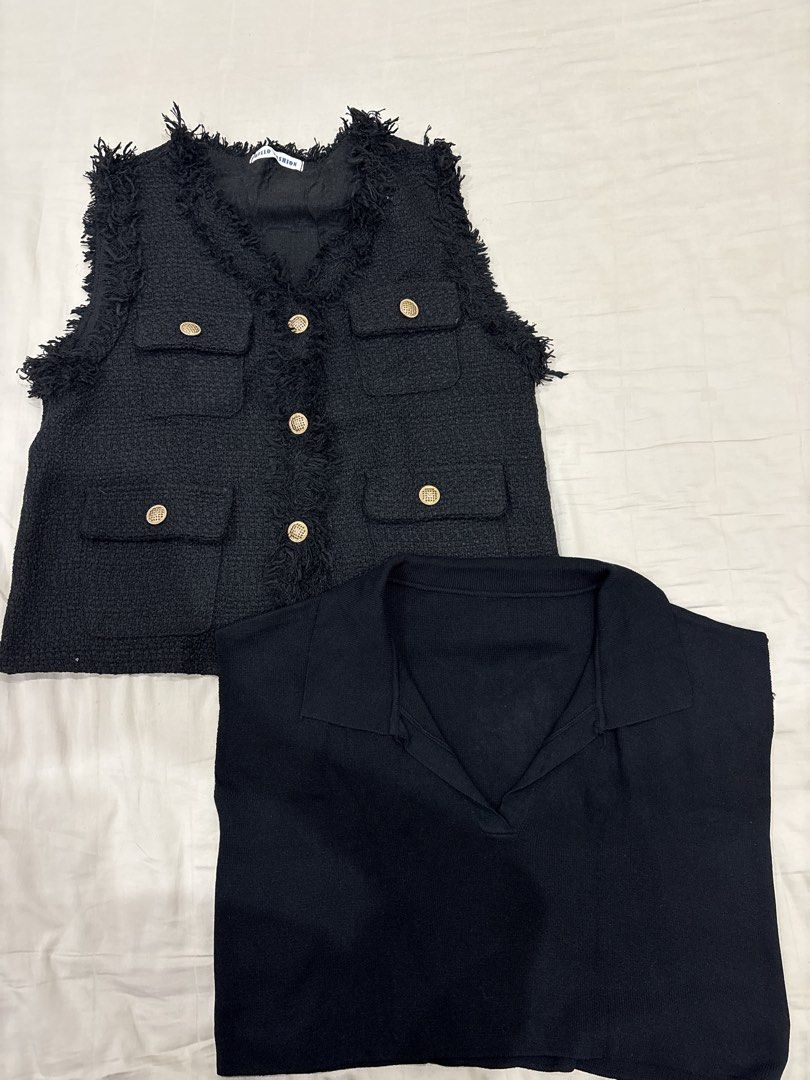 Black Tweed Vest & Black Collared Top Set (Category: Blouses) located in Paranaque City. Submitted by kaescloset.18 (Listing ID 1462587658, Image 1). Description: -free size fits S-M - bought from platinum bangkok.