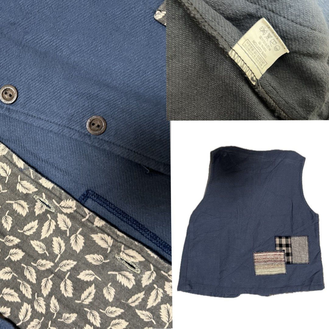 Blue Floral Patchwork Vest with Pockets (Category: Sleeveless) located in Urdaneta. Submitted by randomjess00 (Listing ID 1462507250, Image 2). Description: - Blue vest with a unique floral print on one side. - Features contrasting floral lining and two front pockets. - Button-up front closure. - Ideal for adding a stylish layer to any outfit..