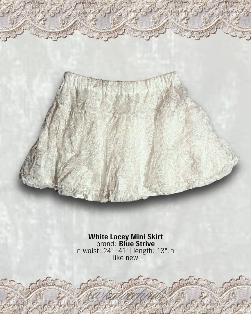 Blue Strive White Lace Mini Skirt (Category: Skirts) located in Paranaque City. Submitted by kuweefindsmnl (Listing ID 1462604909, Image 1). Description: - White lace mini skirt from Blue Strive - Comfortable elastic waistband: fits 24" to 41" waist - Length: 13 inches - Fully lined with a satin slip - Perfect for layering or wearing as is.