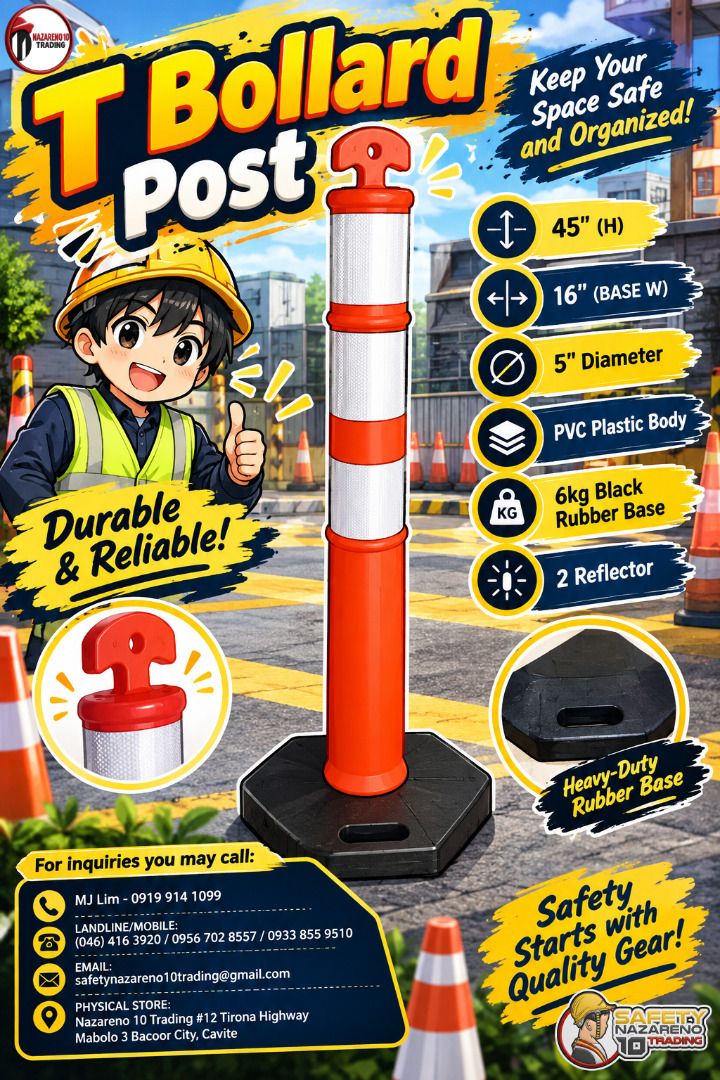 Bollard T-Type (Category: Looking For) located in Bacoor. Submitted by zealmountain-375a (Listing ID 1462486852, Image 1). Description: 45"(H) 16" (BASE W) 5" Diameter PVC Plastic Body 6kg Black Rubber Base 2 Reflector.