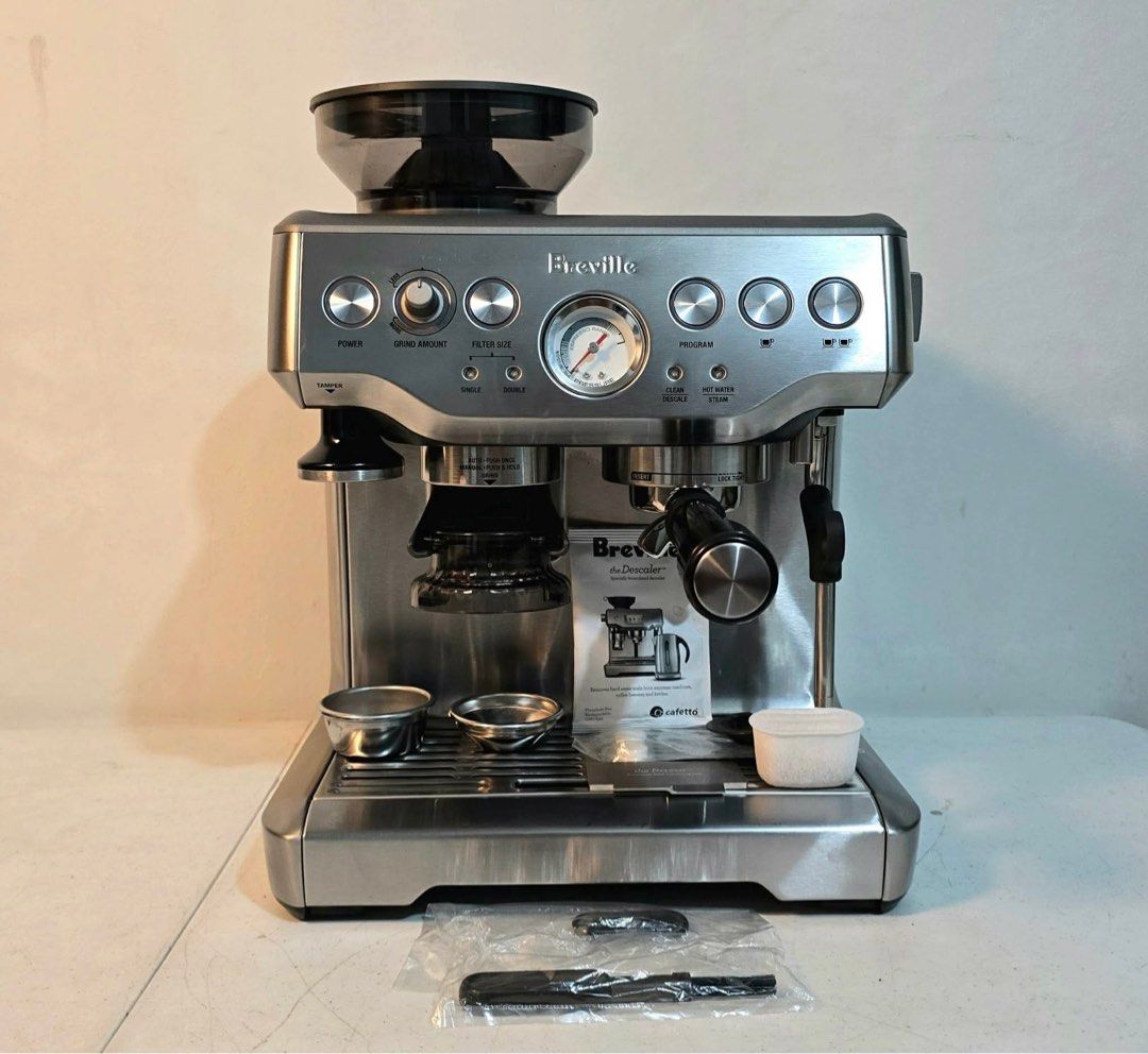 Breville Barista Express Espresso Machine (Category: Coffee Machines & Makers) located in Rizal. Submitted by mikz_1303 (Listing ID 1462476268, Image 1). Description: Breville Barista Express Espresso Machine Australian mall pull out Used as display/demo unit 220V Model:BES875 with box Inclusion Portafilter 3 filter cups Descaling liquid 2 cleaning tablet Milk Pitcher Tamper Good as new .