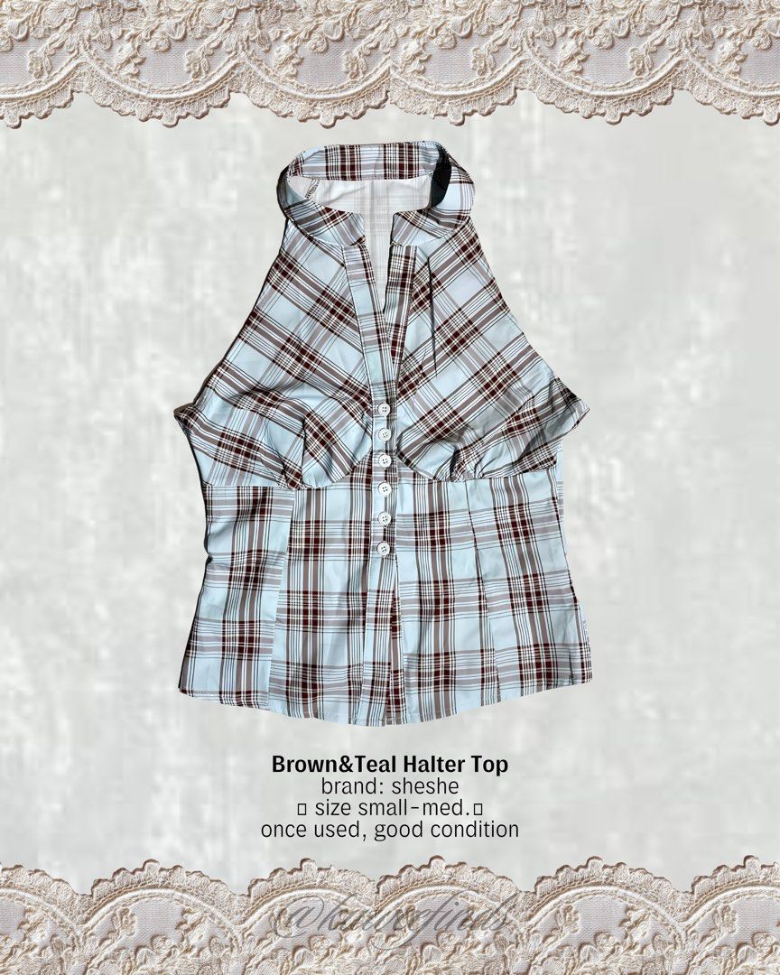 Brown & Teal Plaid Halter Top (Category: Sleeveless) located in Paranaque City. Submitted by kuweefindsmnl (Listing ID 1462606172, Image 1). Description: - Cute brown and teal plaid halter top - Button-up front - Fits like a small to medium (S-M) - Perfect for casual outings or nights with friends.