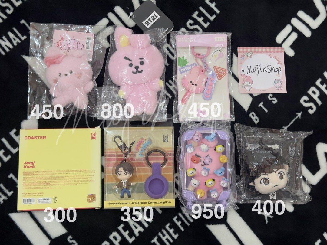 BTS Jungkook / BT21 Cooky / TinyTAN JK Merch (Category: K-Wave Merchandise) located in Cavite. Submitted by majikshop (Listing ID 1462344567, Image 1). Description: BTS Jungkook / BT21 Cooky / TinyTAN JK Merch Cooky Lovely Keyring - ₱450 Cooky Plush Keyring from Japan - ₱800 Cooky Minini Key Cover - ₱450 Jungkook Sweet Time Coaster (Sealed) - ₱300 Jungkook Air Tag Case - ₱350 Cooky Luggage Plush Doll - ₱950 Jungkook TinyTAN Plush Magnet - ₱400 Al