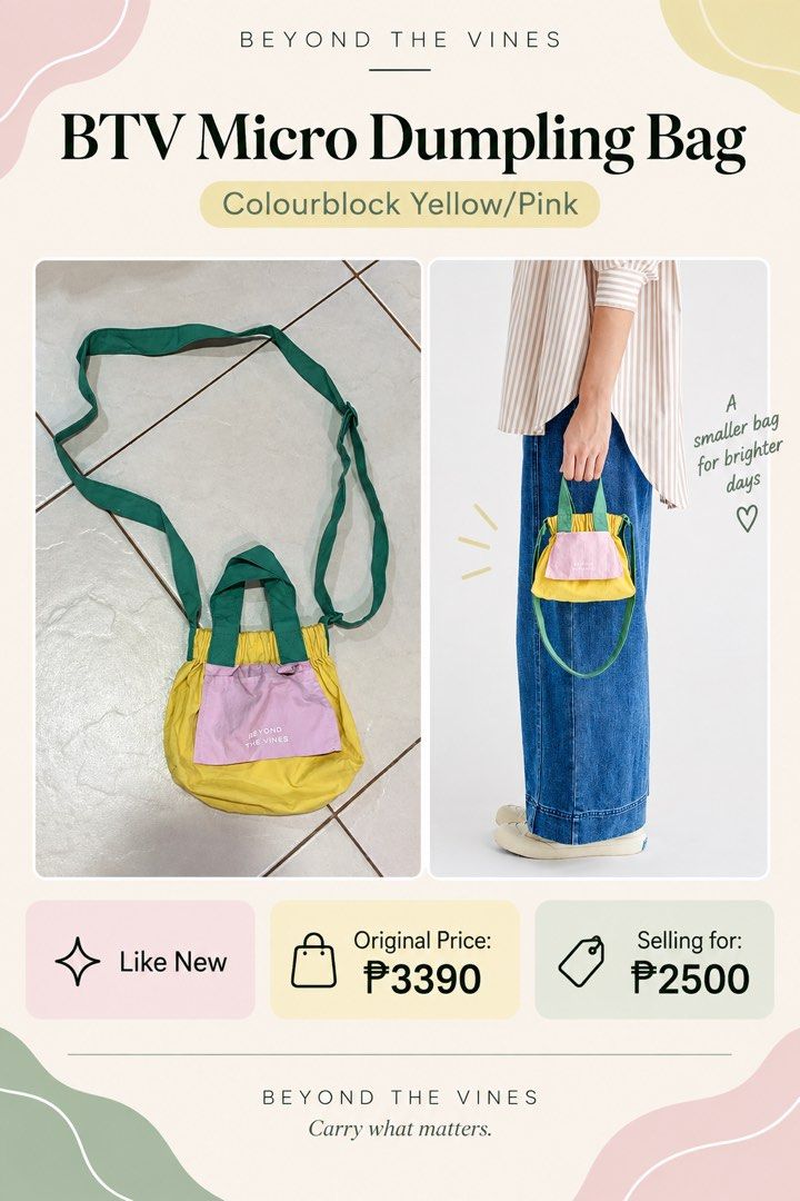 BTV MICRO DUMPLING BAG (Category: Cross-body Bags) located in Rizal. Submitted by maeminishop (Listing ID 1462443831, Image 1). Description: 📣 𝘽𝙀𝙔𝙊𝙉𝘿 𝙏𝙃𝙀 𝙑𝙄𝙉𝙀𝙎 𝘽𝘼𝙂𝙎 𝙁𝙊𝙍 𝙎𝘼𝙇𝙀 📣 Rfs: Decluttering 💕 All are original store and website bought for personal use. Letting go of some items which are lightly used to unused. Most are only used once 🤧 some have tags pa. Some have small scratch on metal wear most have no flaws. 🙅�