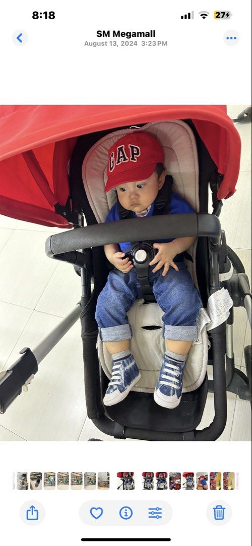 Bugaboo Stroller Red Canopy (Category: Strollers) located in Pasig City. Submitted by mixpicks (Listing ID 1462442934, Image 3). Description: - Bugaboo stroller - Red canopy, grey seat - 5-point safety harness - Easy to maneuver, perfect for city life - Folds for convenient storage - Minor scuffs from normal use.