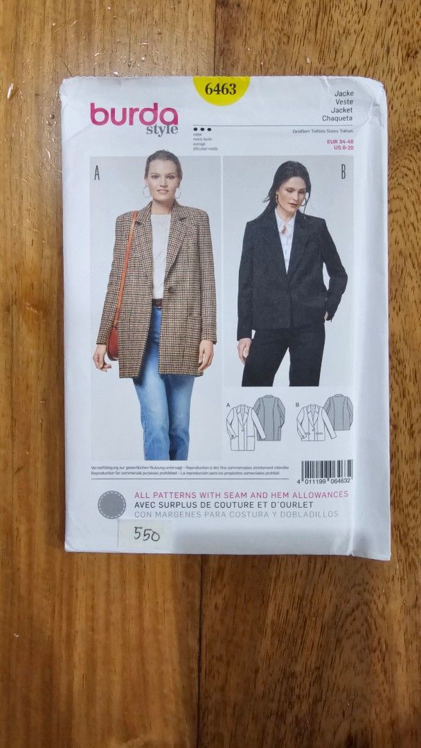 Burda Style 6463 Jacket Sewing Pattern (Category: Craft Supplies & Tools) located in Quezon. Submitted by cgmhe (Listing ID 1462509139, Image 1). Description: - Burda Style sewing pattern 6463 - Design: Jacket with multiple style options - Sizes: EU 34-44 (US 8-16) - Fabric Suggestions: Wool, tweed, linen blends - Features: Includes seam and hem allowances - Ideal for creating custom tailored jackets.