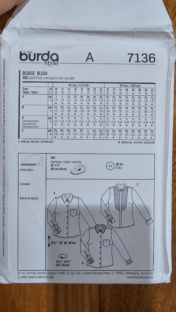 Burda Style 7136 Blouse Sewing Pattern (Category: Craft Supplies & Tools) located in Quezon. Submitted by cgmhe (Listing ID 1462510276, Image 2). Description: - Burda Style sewing pattern for a blouse - Available in sizes 36-50 - Includes seam and hem allowances - Ideal for creating your own custom shirts - Refer to the size chart in the photos for detailed measurements - Unleash your creativity with this sewing project!.