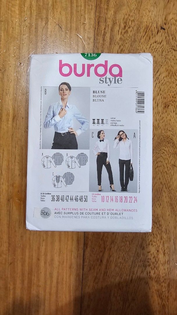 Burda Style 7136 Blouse Sewing Pattern (Category: Craft Supplies & Tools) located in Quezon. Submitted by cgmhe (Listing ID 1462510276, Image 1). Description: - Burda Style sewing pattern for a blouse - Available in sizes 36-50 - Includes seam and hem allowances - Ideal for creating your own custom shirts - Refer to the size chart in the photos for detailed measurements - Unleash your creativity with this sewing project!.