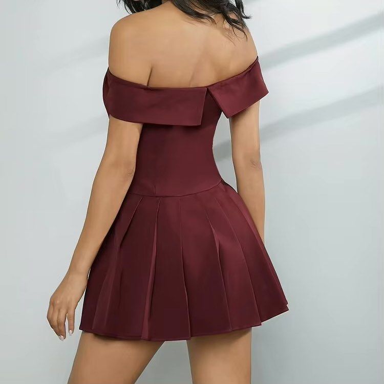 Burgundy off-shoulder double-button pleated coord (Category: Sets or Coordinates) located in Taguig. Submitted by chichoneyy (Listing ID 1462452512, Image 2). Description: color: burgundy - best fit for small - comes w top & skirt - attached pictures are not mine! - this coord is from tiktok shop (currently not available) - dm for ww pics ❤️ #fashion #coord #top #skirt.