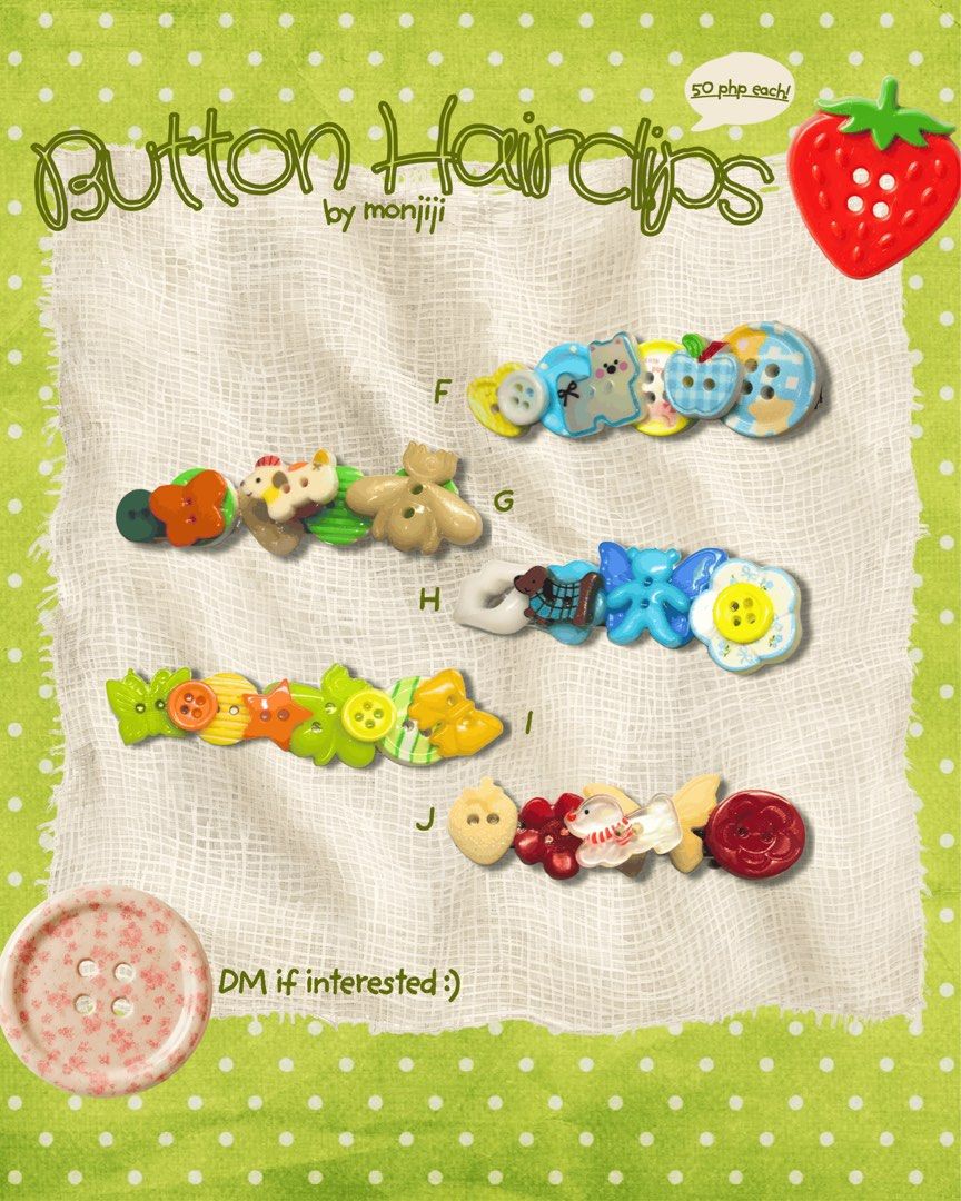 Button Hairclips by Monjiji (Category: Hair Accessories) located in Angeles City. Submitted by monjiji_19 (Listing ID 1462538705, Image 2). Description: BATCH 1 now available .ᐟ.ᐟ .✦ ݁˖ [🌸] Read T&Cs (on IG) first before ordering‼️ [📦] Inclusions: - Hairclip of your choice +small bobby pin hairclip - Randomized sticker - Paper pouch Batch 2 coming soon… [❗️] Color may vary due to lighting DM me on IG: monjilljilly.