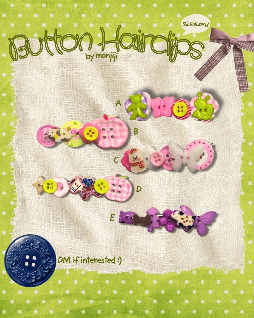 Button Hairclips by Monjiji (Category: Hair Accessories) located in Angeles City. Submitted by monjiji_19 (Listing ID 1462538705, Image 1). Description: BATCH 1 now available .ᐟ.ᐟ .✦ ݁˖ [🌸] Read T&Cs (on IG) first before ordering‼️ [📦] Inclusions: - Hairclip of your choice +small bobby pin hairclip - Randomized sticker - Paper pouch Batch 2 coming soon… [❗️] Color may vary due to lighting DM me on IG: monjilljilly.