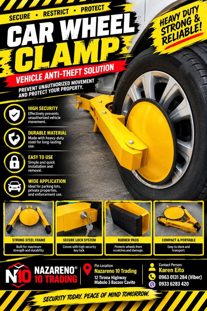 Car Wheel clamp Lock (Category: Looking For) located in Bacoor. Submitted by kajezame.2021 (Listing ID 1462488571, Image 1). Description: Car Wheel clamp Lock For More Details and Discount Contact Ms. Karen NAZARENO 10 TRADING 0963 0131 284 0933 6283 420 0956 7028 557 0933 8559 510 Landline: Look for Ms. Karen (046 ) 416 3920 Also available: • Traffic cone • Parking Block stopper • Hooded trash bin • Road Plastic Barrier • Spill boom • Fishing bu