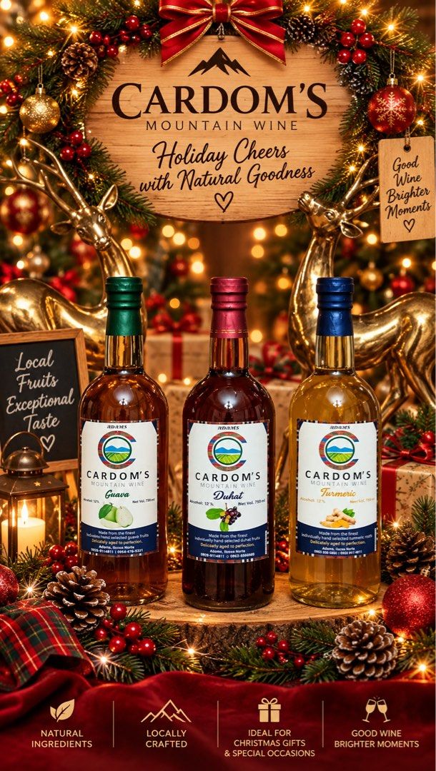 Cardom's Mountain Wine - Natural Fruit Wines (Category: Beverages) located in Makati City. Submitted by its.lexynicole (Listing ID 1462617962, Image 1). Description: - Locally crafted fruit wines from Cardom's Mountain Wine. - Made with the finest fruits. - Available flavors: Guava, Dahat, Turmeric, Dragon Fruit, Lemongrass, Calamansi, Ginger. - Ideal for Christmas gifts and celebrations. - Enjoy good wine for brighter moments and share the joy i