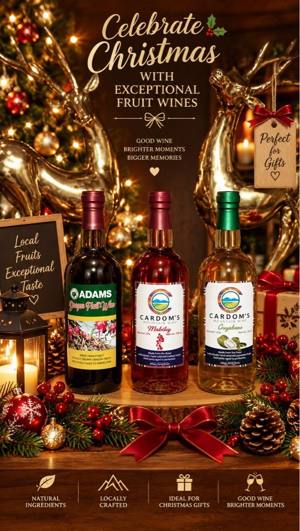 Cardom's Mountain Wine - Natural Fruit Wines (Category: Beverages) located in Makati City. Submitted by its.lexynicole (Listing ID 1462617962, Image 2). Description: - Locally crafted fruit wines from Cardom's Mountain Wine. - Made with the finest fruits. - Available flavors: Guava, Dahat, Turmeric, Dragon Fruit, Lemongrass, Calamansi, Ginger. - Ideal for Christmas gifts and celebrations. - Enjoy good wine for brighter moments and share the joy i