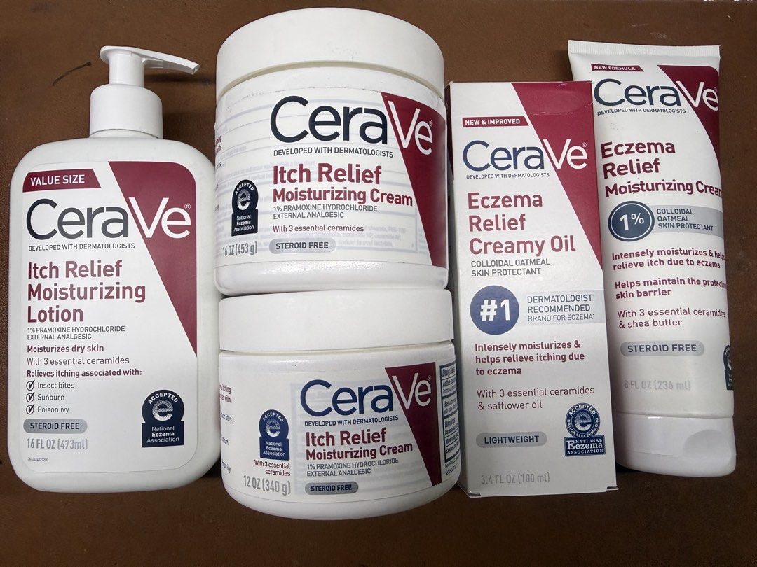 CeraVe Itch Relief Moisturizing Lotion & Cream (Category: Body Care) located in Makati City. Submitted by playful_buddies (Listing ID 1462543682, Image 1). Description: - CeraVe Itch Relief Moisturizing Lotion (16 fl oz & 8 fl oz) and Cream (12 oz jar) - Developed with dermatologists for effective itch relief - Moisturizes dry skin and calms itching caused by insect bites, sunburn, and poison ivy - Steroid-free formula - Contains 3 essential cera