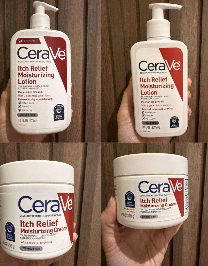 CeraVe Itch Relief Moisturizing Lotion & Cream (Category: Body Care) located in Makati City. Submitted by playful_buddies (Listing ID 1462543682, Image 2). Description: - CeraVe Itch Relief Moisturizing Lotion (16 fl oz & 8 fl oz) and Cream (12 oz jar) - Developed with dermatologists for effective itch relief - Moisturizes dry skin and calms itching caused by insect bites, sunburn, and poison ivy - Steroid-free formula - Contains 3 essential cera