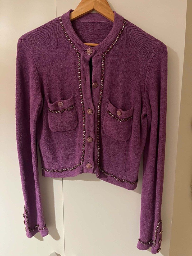 Chanel Lavender Chain Cardigan (Category: Others Tops) located in Las Pinas. Submitted by confessionsofashoppaholix (Listing ID 1462619366, Image 1). Description: Chanel Lavender Chain Cardigan Jennie style Size 36 (Small to Medium) tag removed.