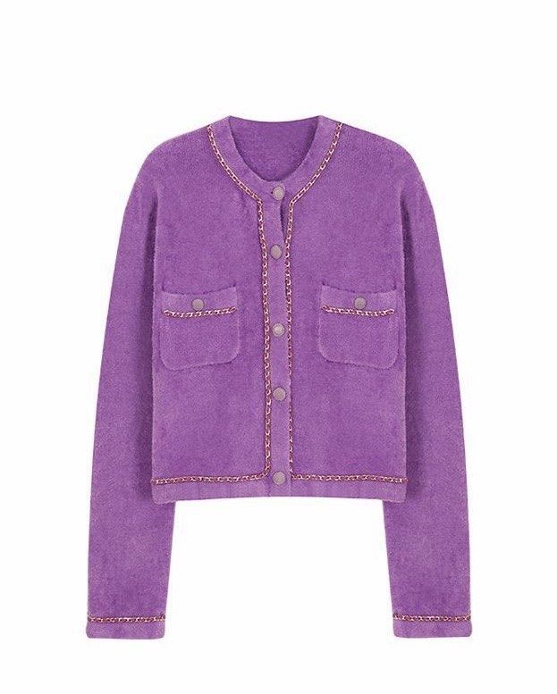 Chanel Lavender Chain Cardigan (Category: Others Tops) located in Las Pinas. Submitted by confessionsofashoppaholix (Listing ID 1462619366, Image 2). Description: Chanel Lavender Chain Cardigan Jennie style Size 36 (Small to Medium) tag removed.