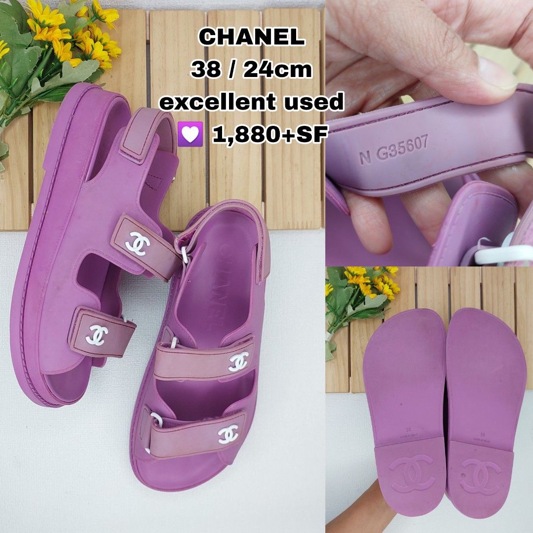CHANEL Purple Sandals Size 38 / 24cm (Category: Flats & Sandals) located in Baguio. Submitted by mybirken.stuffph (Listing ID 1462625440, Image 1). Description: - Authentic Chanel Sandals - Color: Lovely Purple - Size: 38 (fits 24cm foot) - Features: Iconic Chanel logo on straps - Serial Number: N G35607 - Grab these stylish sandals now!.