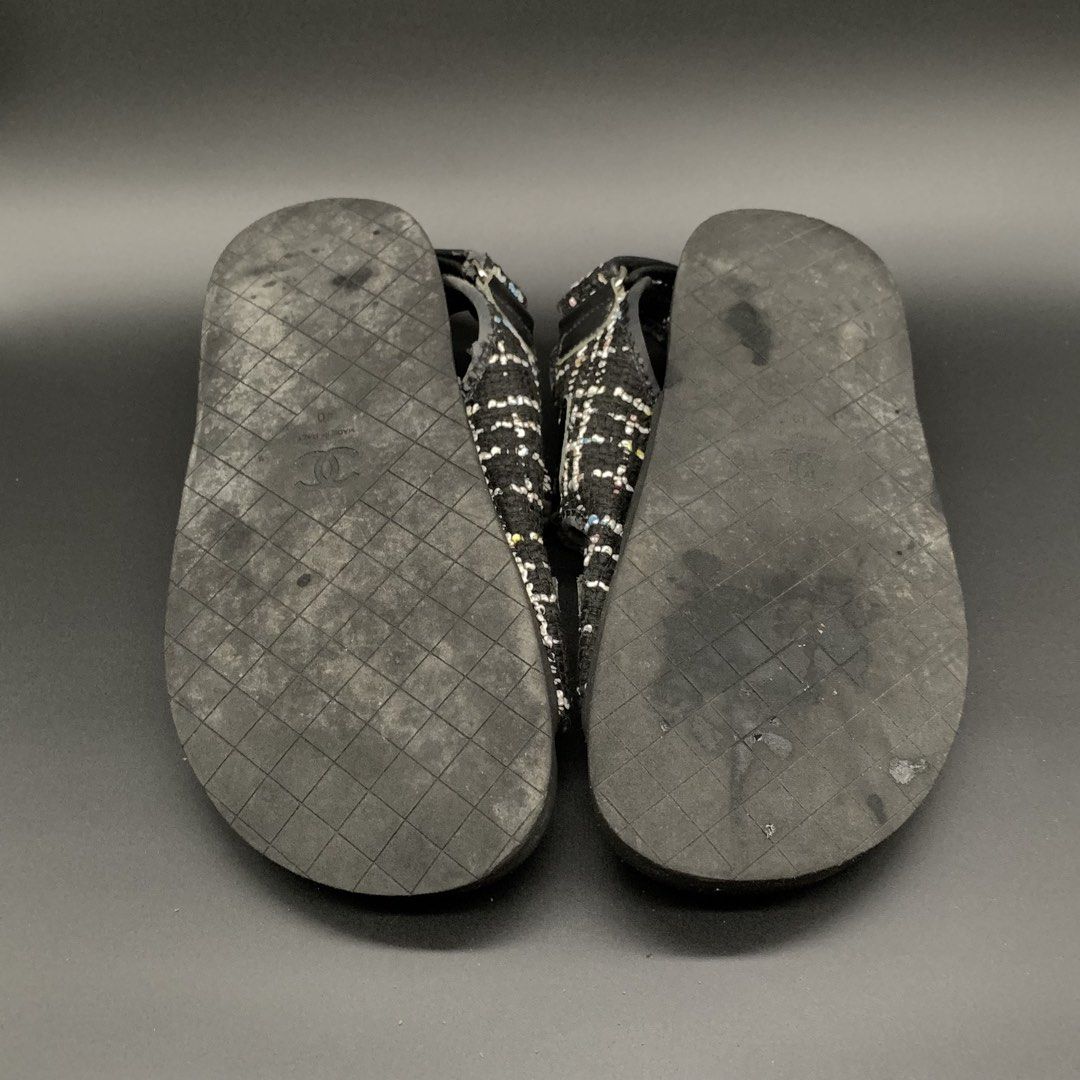 Chanel Tweed Velcro Sandals (Category: Sneakers & Footwear) located in Marikina City. Submitted by shoepairfly (Listing ID 1462635861, Image 3). Description: Chanel Tweed Velcro Sandals Size 40 Authentic Php 2000 These appear to be Chanel black tweed dad sandals featuring adjustable velcro straps accented with the brand’s signature interlocking CC logo..