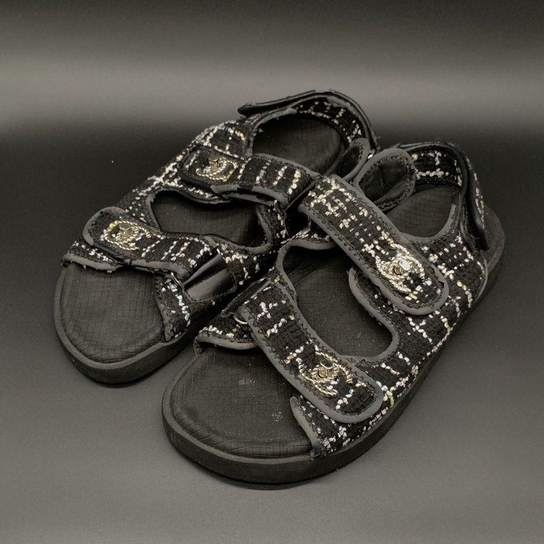 Chanel Tweed Velcro Sandals (Category: Sneakers & Footwear) located in Marikina City. Submitted by shoepairfly (Listing ID 1462635861, Image 2). Description: Chanel Tweed Velcro Sandals Size 40 Authentic Php 2000 These appear to be Chanel black tweed dad sandals featuring adjustable velcro straps accented with the brand’s signature interlocking CC logo..