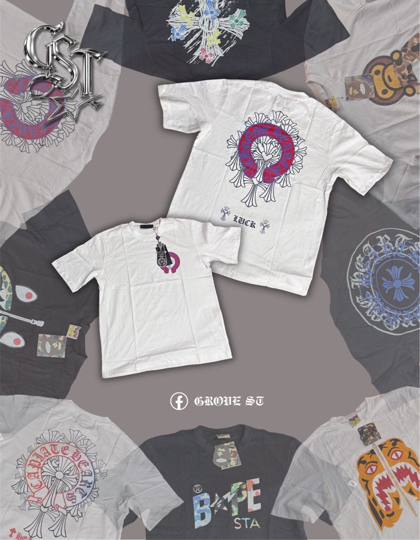 Chrome Hearts (Category: Tshirts & Polo Shirts ) located in Naga. Submitted by gst.grovest (Listing ID 1462603393, Image 1). Description: - Graphic tees for your streetwear collection. - Designs inspired by Chrome Hearts and Bape. - White tees feature cross graphics and 'LUCK' text. - Black and white tees available with Bape-style ape head and shark face designs. - Great statement pieces. - Please check photos for specific details on each shirt. 