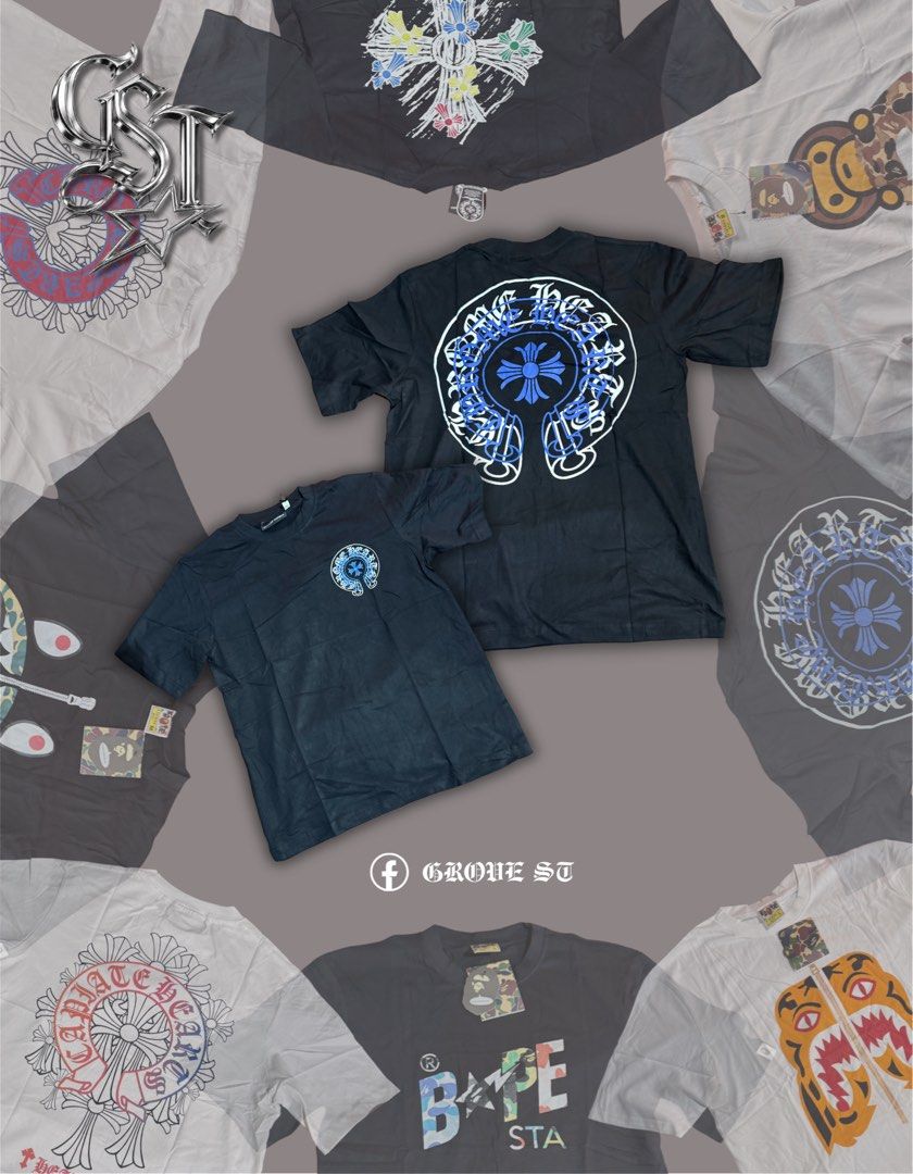 Chrome Hearts (Category: Tshirts & Polo Shirts ) located in Naga. Submitted by gst.grovest (Listing ID 1462603386, Image 1). Description: - Bundle of graphic tees featuring popular streetwear brands. - Includes Chrome Hearts designs with signature cross logo in blue and red/white. - Also includes Bape shirts with iconic ape head and tiger graphics. - Ideal for streetwear enthusiasts. SIZE SMALL.