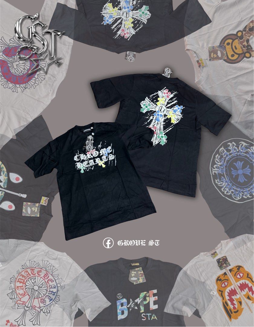 Chrome Hearts & Bape T-Shirts (Category: Tshirts & Polo Shirts ) located in Naga. Submitted by gst.grovest (Listing ID 1462603394, Image 1). Description: - High-quality graphic tees perfect for streetwear style. - Available designs: Chrome Hearts (iconic cross and lettering) - Available designs: Bape (famous ape head and tiger graphic) - Message me if you're interested in purchasing! SIZE L.