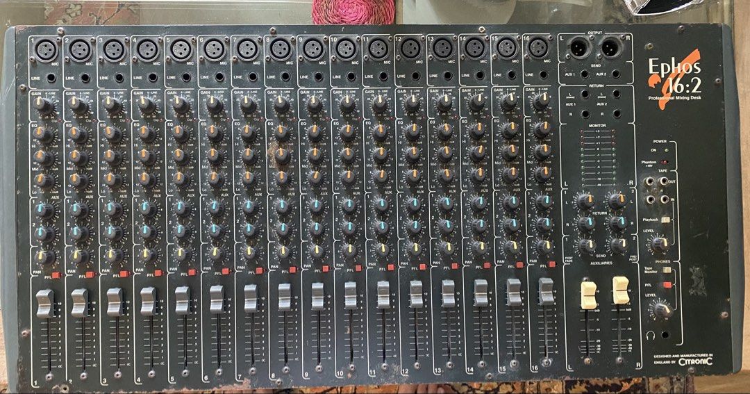 Citronic Ephos 16:2 Professional Mixing Desk (Category: Other Audio Equipment) located in Taguig. Submitted by roninmcarthur (Listing ID 1462586172, Image 1). Description: - Citronic Ephos 16:2 mixing desk - 16 channels with mic/line inputs - Individual EQ, gain, aux sends, and pan controls per channel - Faders for precise volume control - Master outputs and monitor sends - Tested and fully functional - Perfect for live sound reinforcement or stu