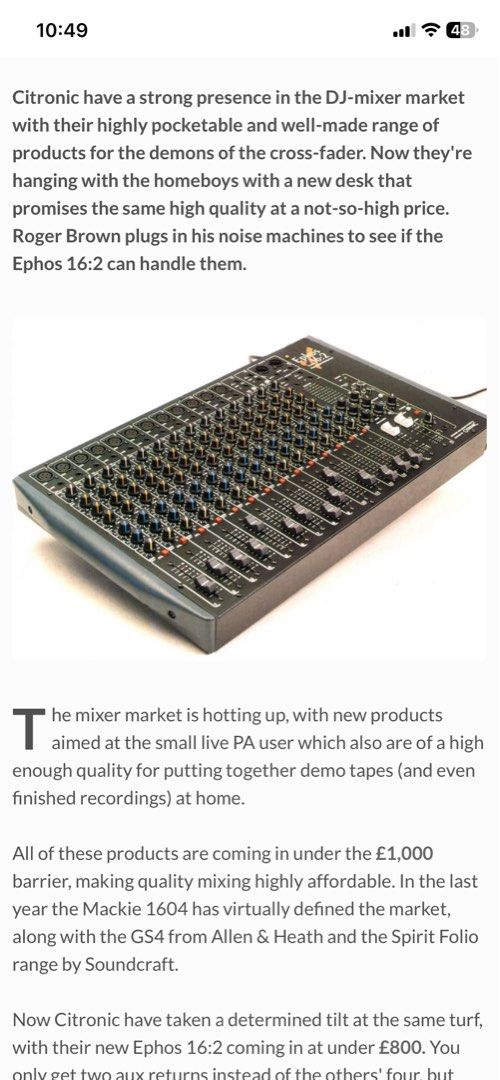 Citronic Ephos 16:2 Professional Mixing Desk (Category: Other Audio Equipment) located in Taguig. Submitted by roninmcarthur (Listing ID 1462586172, Image 2). Description: - Citronic Ephos 16:2 mixing desk - 16 channels with mic/line inputs - Individual EQ, gain, aux sends, and pan controls per channel - Faders for precise volume control - Master outputs and monitor sends - Tested and fully functional - Perfect for live sound reinforcement or stu
