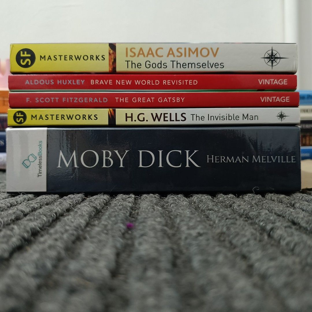 Classic Books (Category: Storybooks) located in Manila. Submitted by x_danilo (Listing ID 1462620753, Image 1). Description: PLEASE READ HERE: I am selling these preloved & in very good condition books! All books are authentic. 1. The Gods Themselves (Isaac Asimov) — ₱200 (SOLD) 2. Brave New World Revisited (Aldous Huxley) — ₱200 (1 copy remaining) 3. The Great Gatsby (F. Scott Fitzgerald) — ₱175 4. The Invisible Man (H.G Wells) — ₱175 5. Moby Di