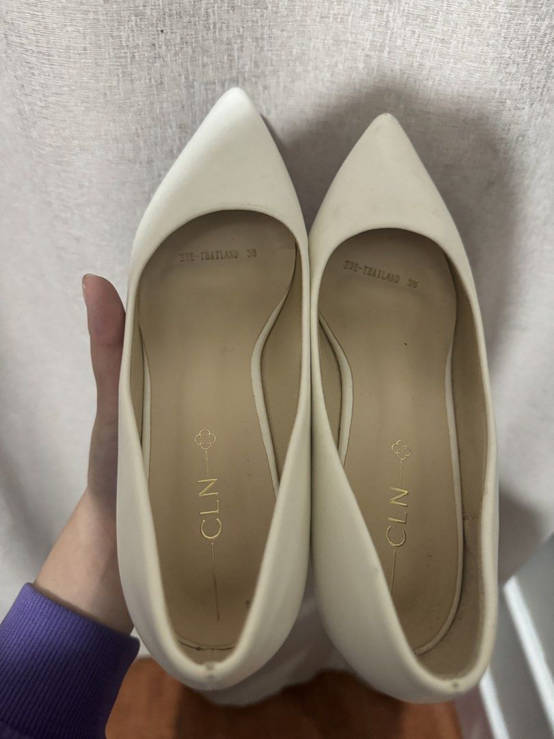 CLN White Pointed Toe Heels Size 38 (Category: Heels) located in Manila. Submitted by heath2600 (Listing ID 1462596412, Image 2). Description: - Brand: CLN - Style: White pointed toe heels (classic pumps) - Size: 38 - Origin: Made in Thailand - Occasion: Perfect for work or dressing up an outfit - Heel Height: Moderate - Condition: Clean and ready for a new home.