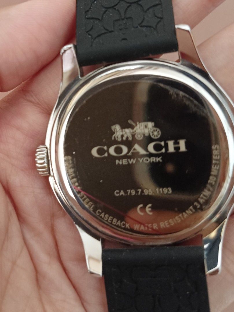 Coach Maddy Watch (Unisex) (Category: Women's Watches) located in San Fernando. Submitted by tita_finds (Listing ID 1462467530, Image 3). Description: - Brand: Coach New York - Strap: Black rubber - Case: Silver-tone - Dial: Black - Water Resistant - Includes: Original box and manual - Ideal for: Everyday wear.