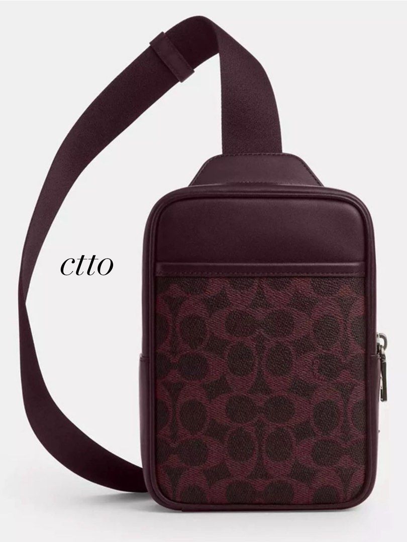 COACH Small Turner Pack in Black Currant 🇨🇦 (Category: Sling Bags) located in Pasig City. Submitted by kseauthenticfinds (Listing ID 1462535273, Image 1). Description: 𝗡𝗲𝘄 𝗔𝗿𝗿𝗶𝘃𝗮𝗹✨ Small Turner Pack in Black Currant 🇨🇦 Inclusion: tag and care card Pasig/Cainta on hand Product Details Signature coated canvas and smooth calf leather Fabric lining Adjustable strap with 27.5" length for crossbody wear Outside slip pocket, zip closure 5"