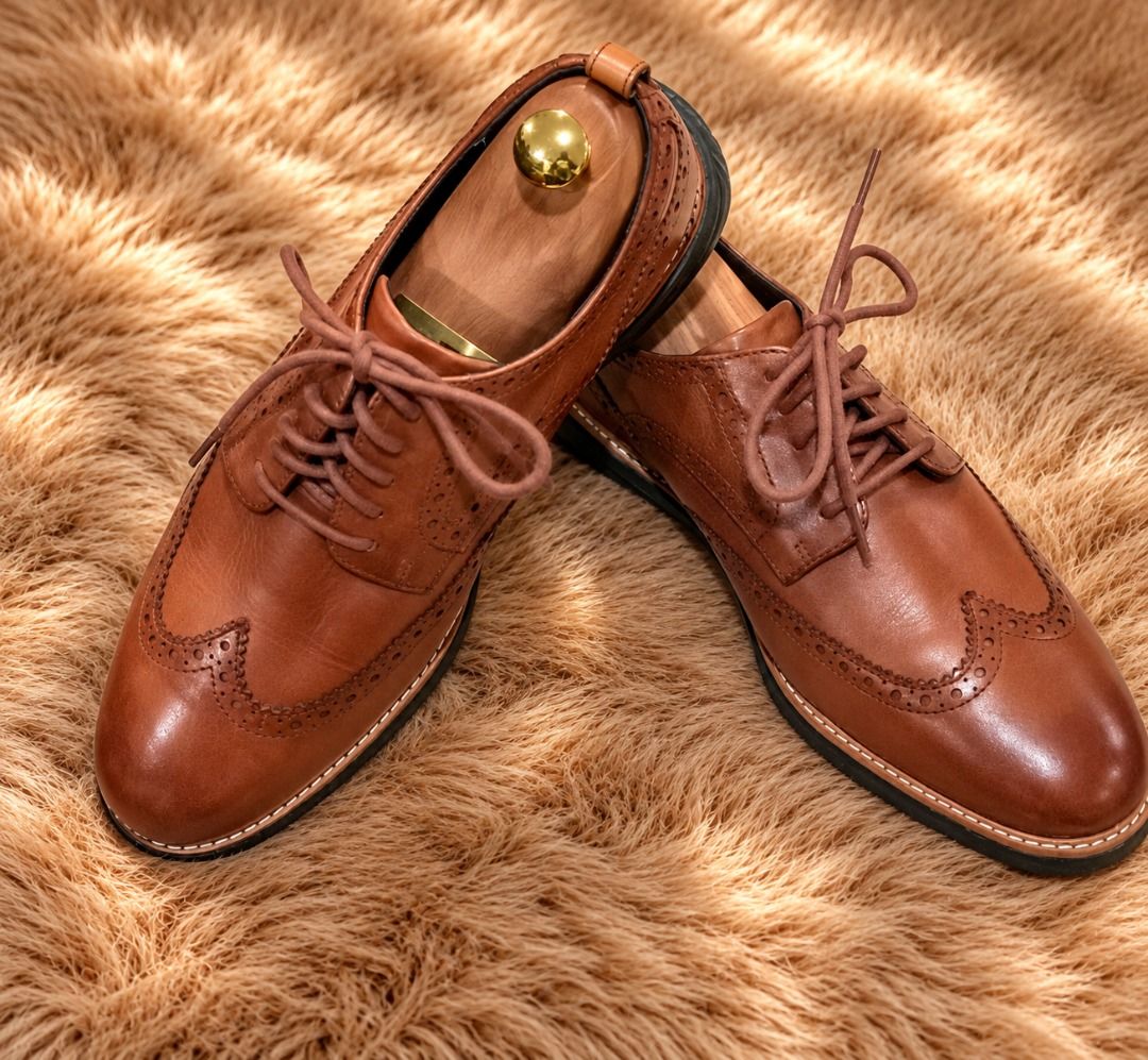 Cole Haan Grand Evolution Wingtip Oxford in British Tan Java (Category: Dress Shoes) located in Paranaque City. Submitted by sole2squeeze (Listing ID 1462440982, Image 3). Description: - Classic brown leather wingtip brogues - Timeless design with intricate broguing - Excludes wooden shoe trees - Versatile for smart casual or formal occasions - Size 10 1/2 W.