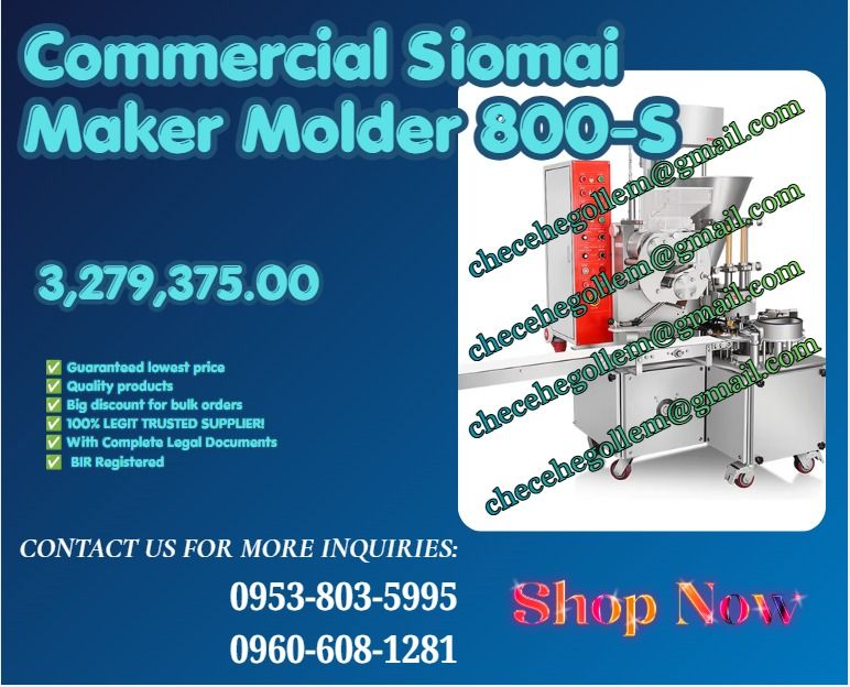 Commercial Siomai Maker Molder 800-S (Category: Other Home Appliances) located in Caloocan City. Submitted by 09616968642 (Listing ID 1462473594, Image 1). Description: ●Capacity:2700PCS/HR ●Siomai weight:12-120g ●voltage:110V/220V ●power:2800W ●Mixing speed:18RPM ●Hopper size:50L ●Size:1150*1300*1800mm ●Weight:800kg" .