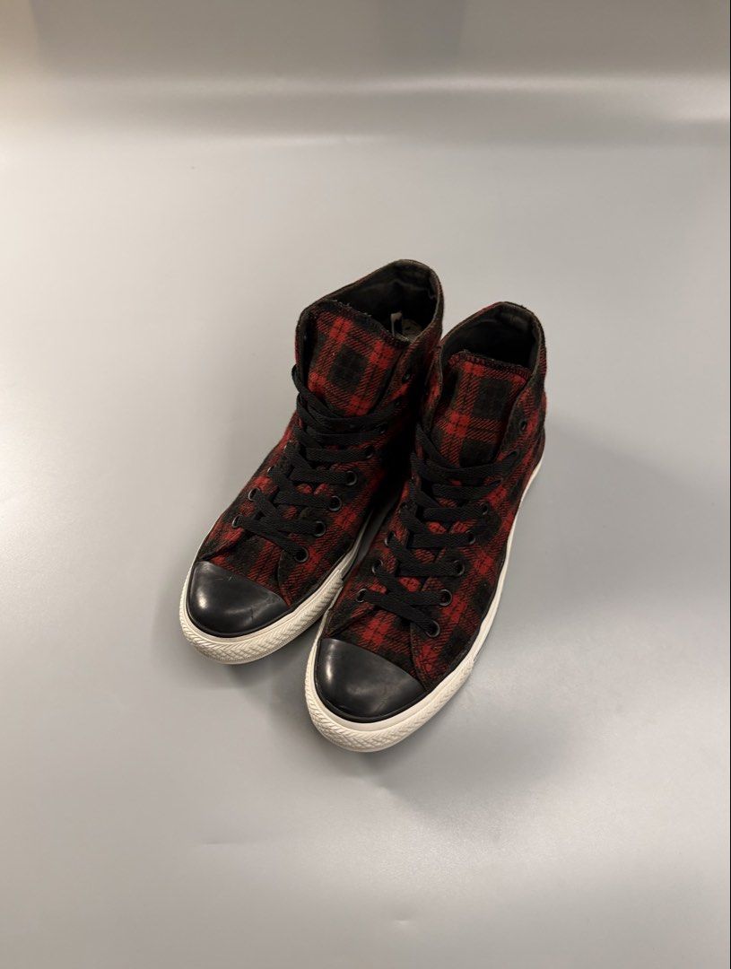 Converse All Star High Top Plaid Sneakers (Category: Sneakers) located in Quezon City. Submitted by markieexp (Listing ID 1462641944, Image 3). Description: - Classic Converse high tops - Eye-catching red and black plaid pattern - Black laces and signature black toe cap - Crisp white rubber sole - Versatile statement piece for any casual outfit - Check photos for detailed condition.