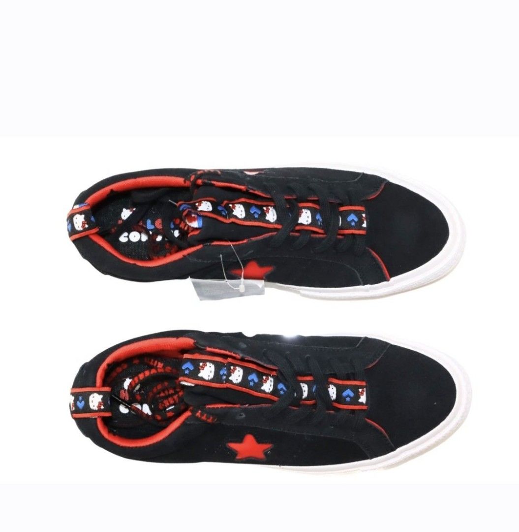 Converse x Hello Kitty (Category: Sneakers) located in Paranaque City. Submitted by calm_youngstore7 (Listing ID 1462558007, Image 3). Description: PRICE CUT! Converse x Hello Kitty One Star OX low-top sneakers in black suede, featuring a bright red star on the side and playful character graphics along the tongue webbing Limited-edition Converse x Hello Kitty One Star Ox (Black/Fiery Red/White) sneakers, identified by product code 163904C Origina