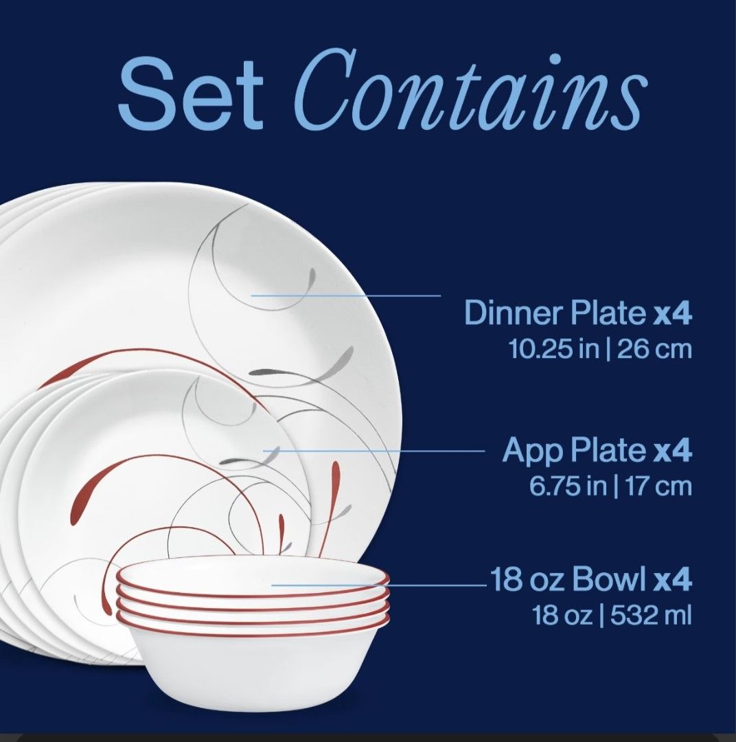 Corelle Livingware 12pc Splendor Dinnerware Set (Category: Dinnerware & Cutlery) located in Manila. Submitted by mrs.jane08 (Listing ID 1462496184, Image 2). Description: - Corelle Livingware 12-piece Dinnerware Set - Splendor Pattern - Made with Extra Strength Premium Vitrelle Glass - Chip and Crack Resistant - Set Includes: - 4 Dinner Plates (10.25 inches) - 4 Appetizer Plates (6.75 inches) - 4 Bowls (18 oz) - Vitrelle tempered glass made in th