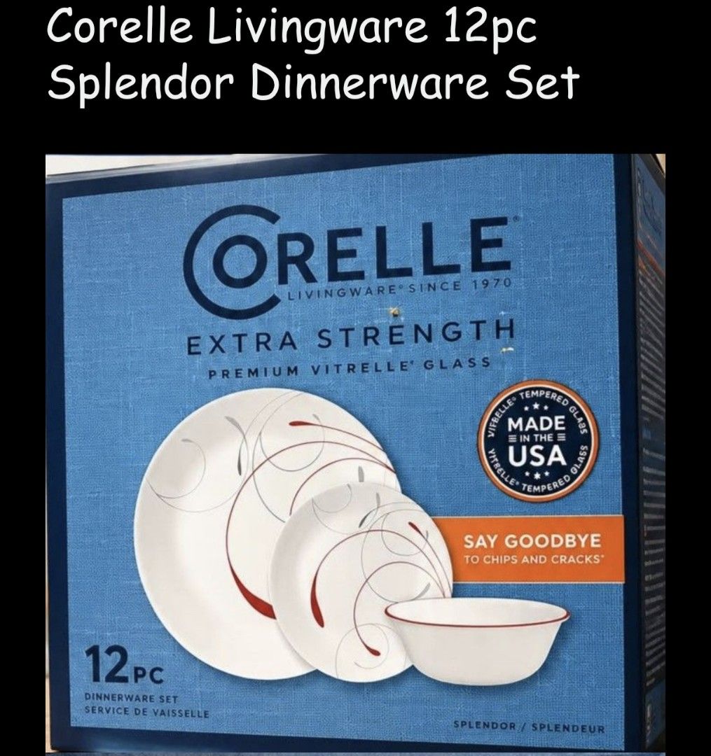 Corelle Livingware 12pc Splendor Dinnerware Set (Category: Dinnerware & Cutlery) located in Manila. Submitted by mrs.jane08 (Listing ID 1462496184, Image 1). Description: - Corelle Livingware 12-piece Dinnerware Set - Splendor Pattern - Made with Extra Strength Premium Vitrelle Glass - Chip and Crack Resistant - Set Includes: - 4 Dinner Plates (10.25 inches) - 4 Appetizer Plates (6.75 inches) - 4 Bowls (18 oz) - Vitrelle tempered glass made in th