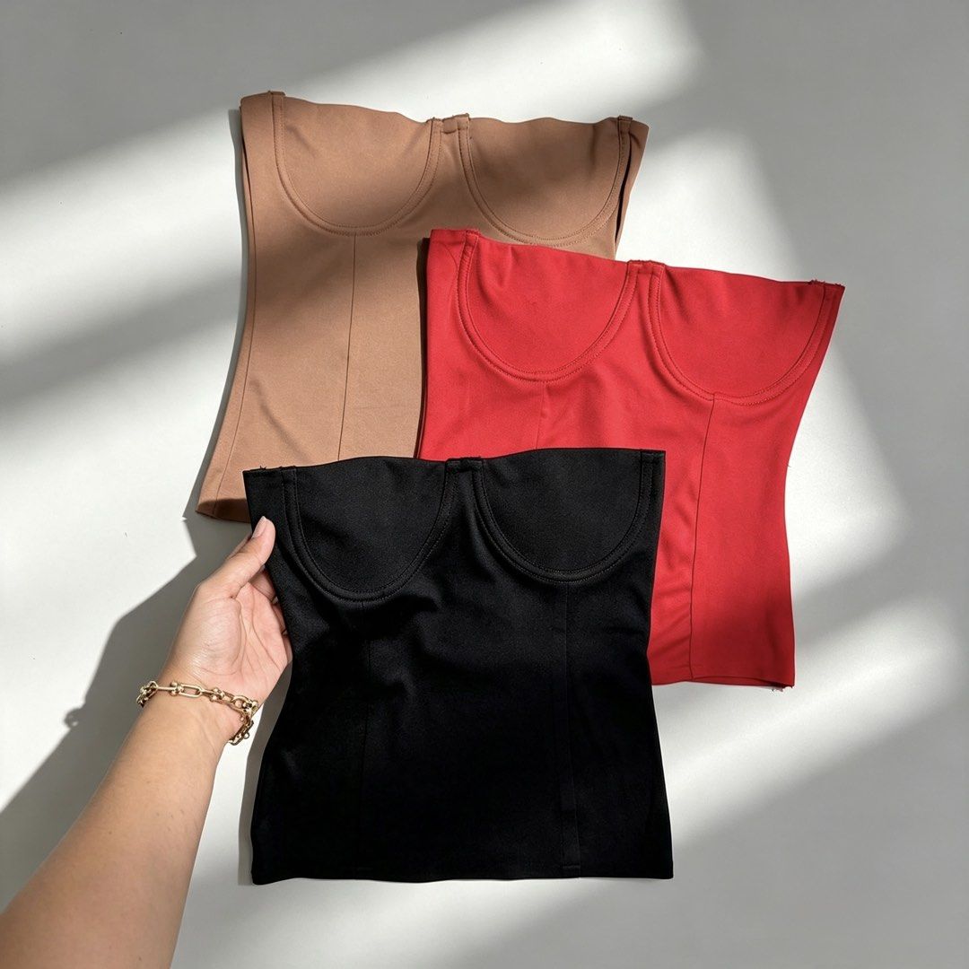 Corset Tops - Black, Red, Nude - S/M (Category: Others Tops) located in Pasacao. Submitted by eommacollections_ (Listing ID 1462538940, Image 2). Description: - Stylish corset tops available in black, red, and nude. - Versatile design: dress up or down, pair with jeans or skirts. - Comfortable and flattering fit. - Available in size small to medium..