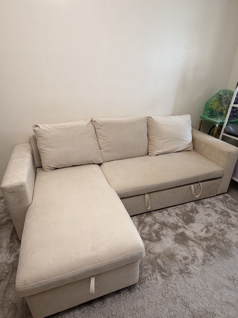 Cream L-Shaped Sofa Bed with Storage (Category: Sofas) located in Manila. Submitted by hottorney_ (Listing ID 1462644921, Image 2). Description: - Cream L-shaped sofa bed - Pull-out bed function for guests - Convenient storage space under chaise - Soft and comfortable fabric - Ideal for small apartments or guest rooms - Cushions included - Effortless conversion from sofa to bed.