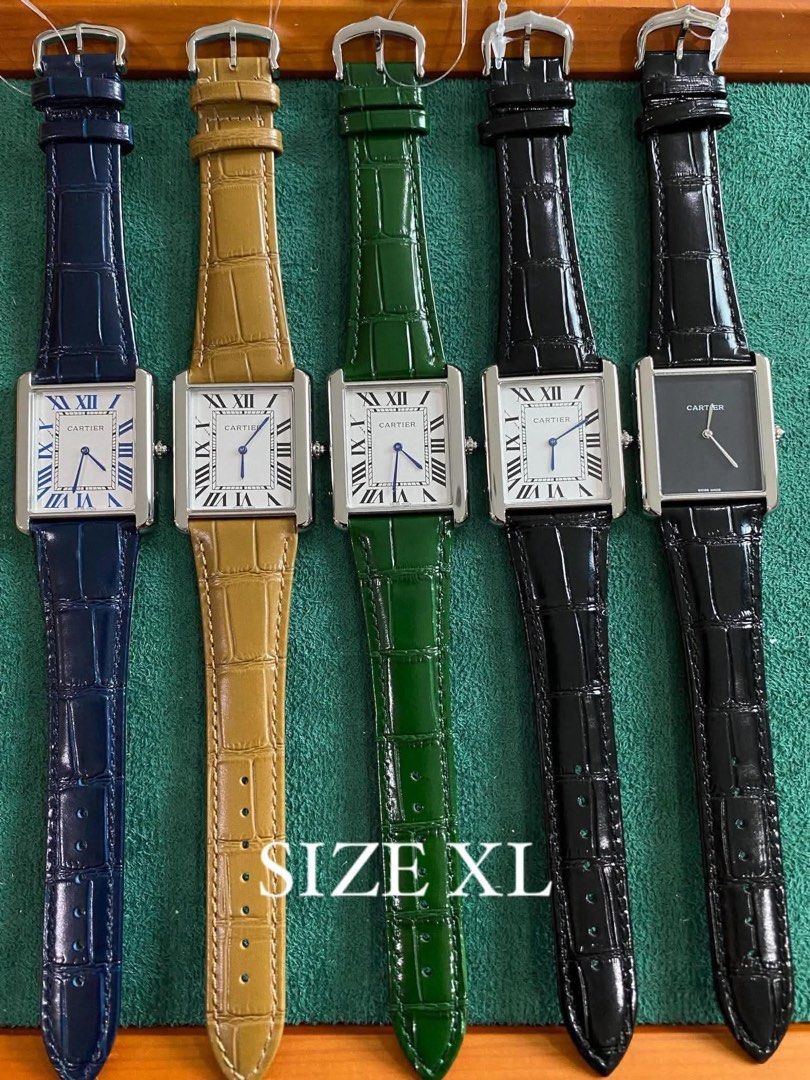 Crtr Tank Watch - Multiple Sizes and Colors Available (Category: Luxury Watches) located in San Juan City. Submitted by wristcheckdiaries (Listing ID 1462554508, Image 1). Description: - Classic CrtrTank watches - Available Sizes: Large, XL, Medium - Available Colors: Blue, Tan, Green, Black, Red - Features Roman numerals on the face - Crocodile-embossed leather straps - Versatile for any occasion - Please check photos for specific color and size